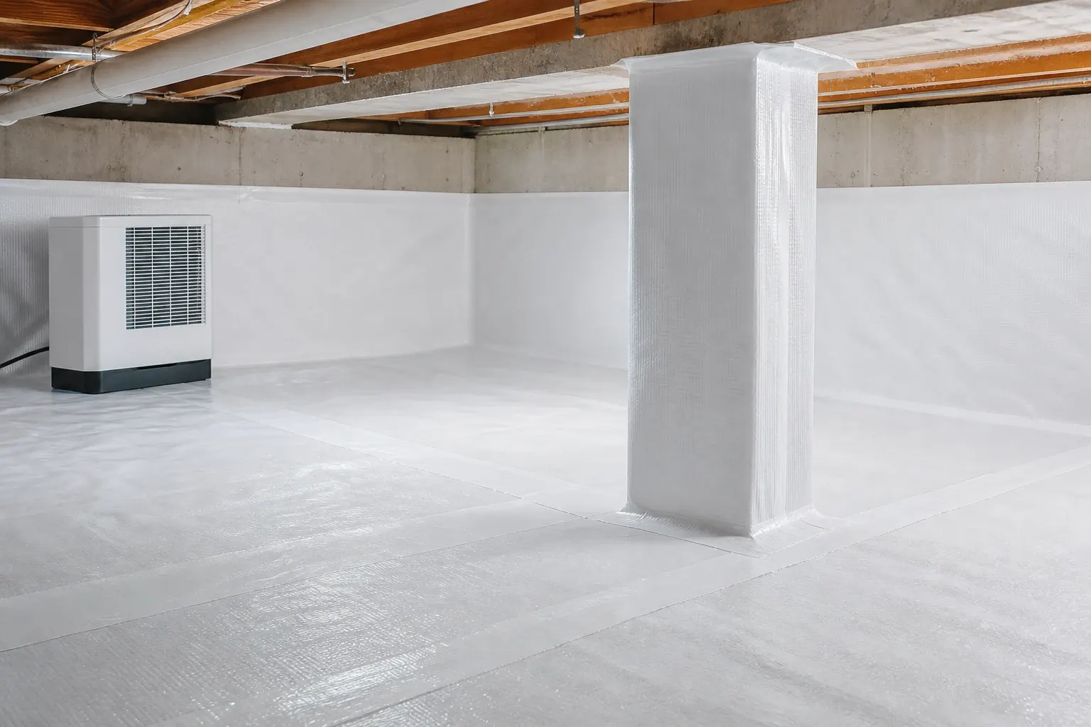 A finished crawl space encapsulation with sealed white liner and a dehumidifier