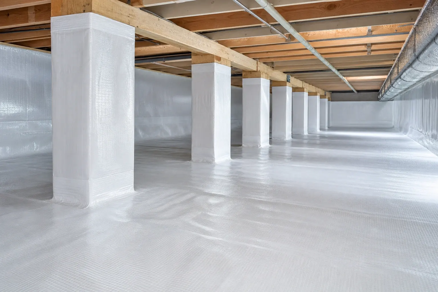 A professionally finished crawl space with a row of liner-wrapped support piers