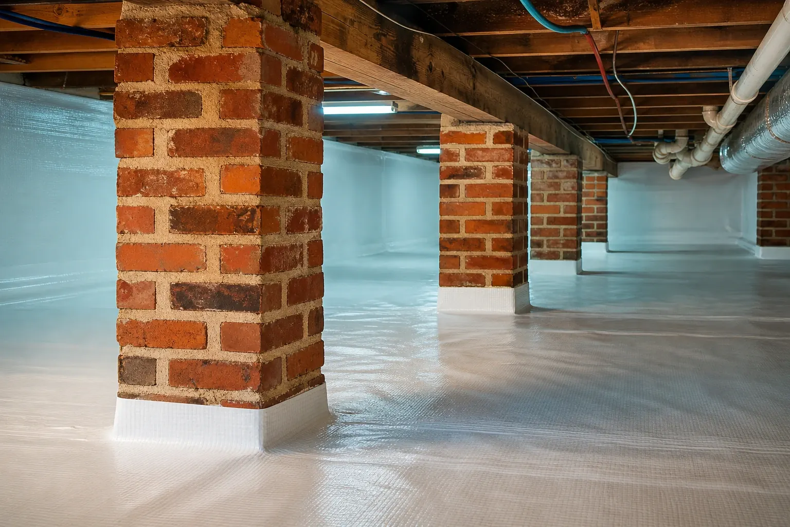 An older home crawl space with brick support piers, professionally encapsulated with a white vapor barrier