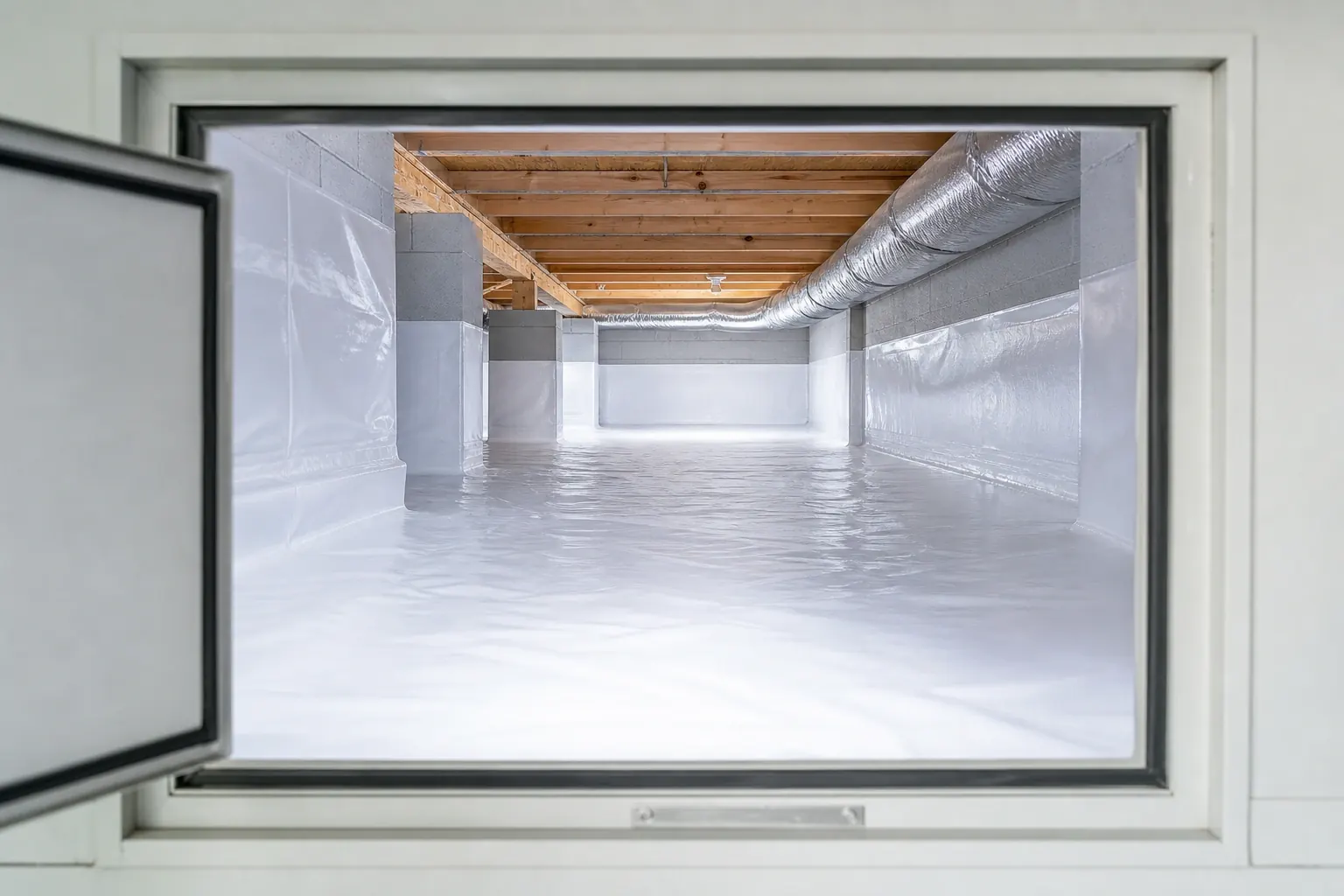 Looking through a crawl space access hatch into a clean, fully lined encapsulated space