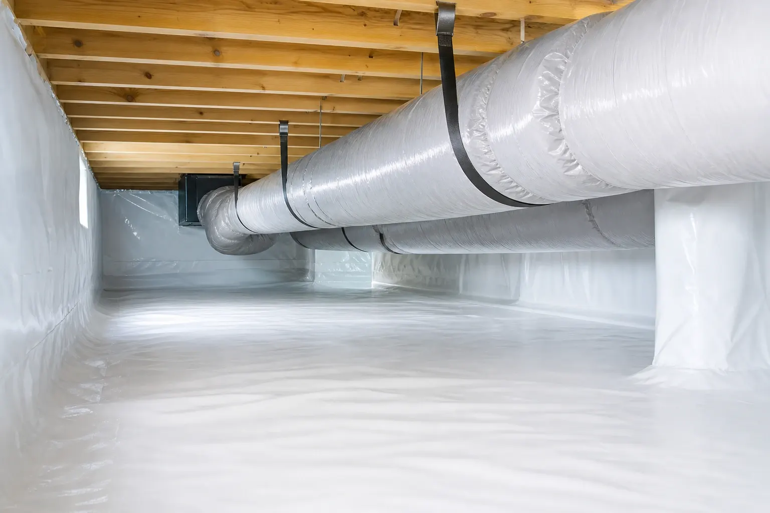 Insulated ductwork running through a clean, sealed crawl space