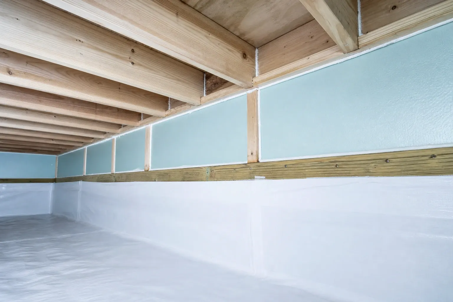 A crawl space rim joist cleanly insulated with sealed foam board