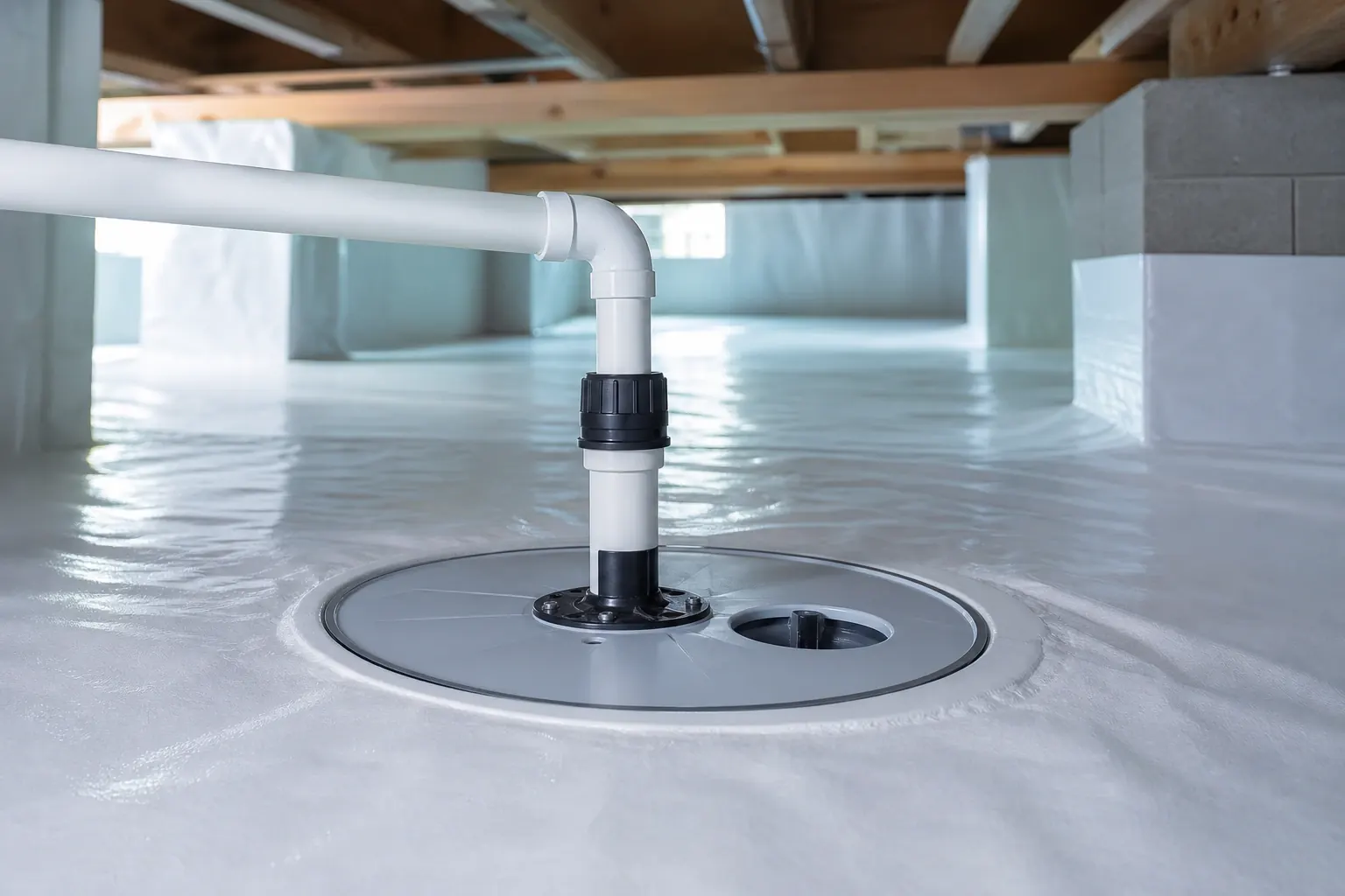A clean sump pump basin set into the vapor barrier of an encapsulated crawl space