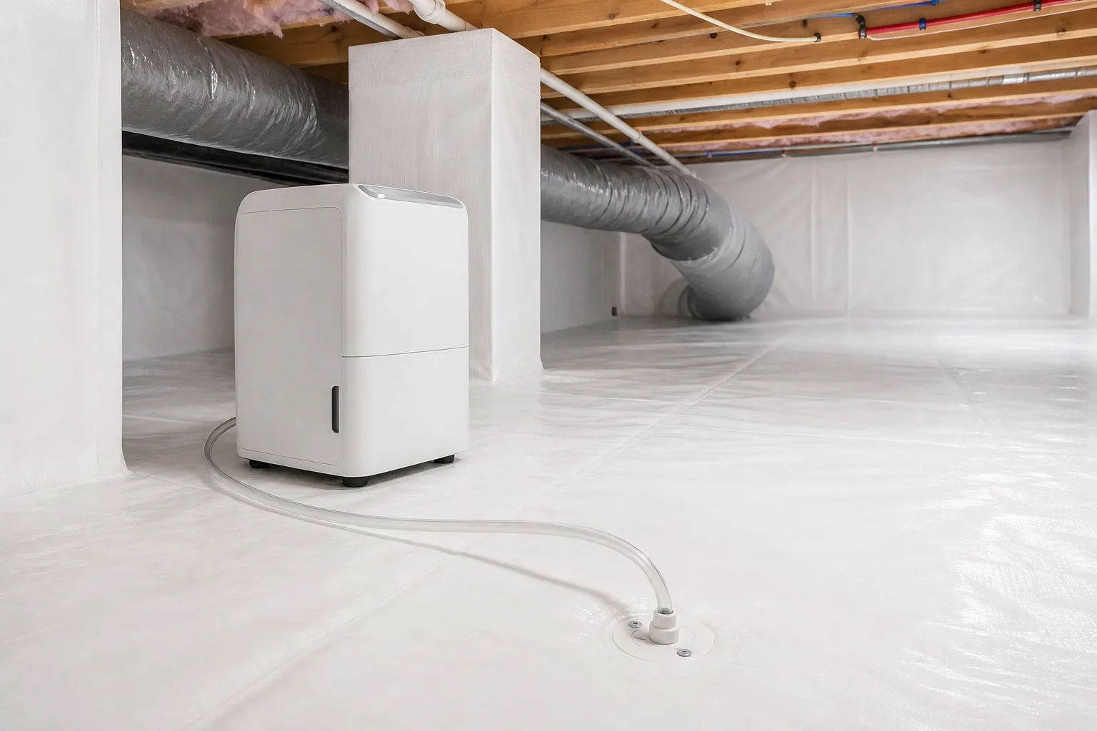 A crawl space dehumidifier with its condensate line run along the liner to a sealed floor drain