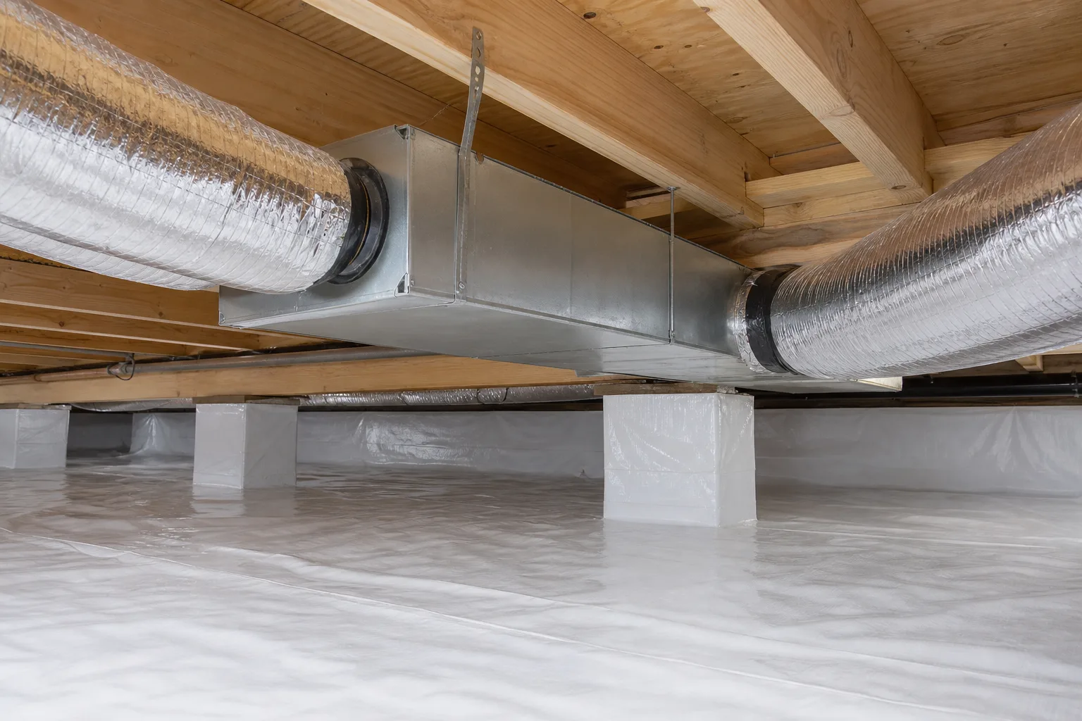 A sheet-metal supply plenum with insulated flexible duct branches mounted between joists above a white vapor barrier