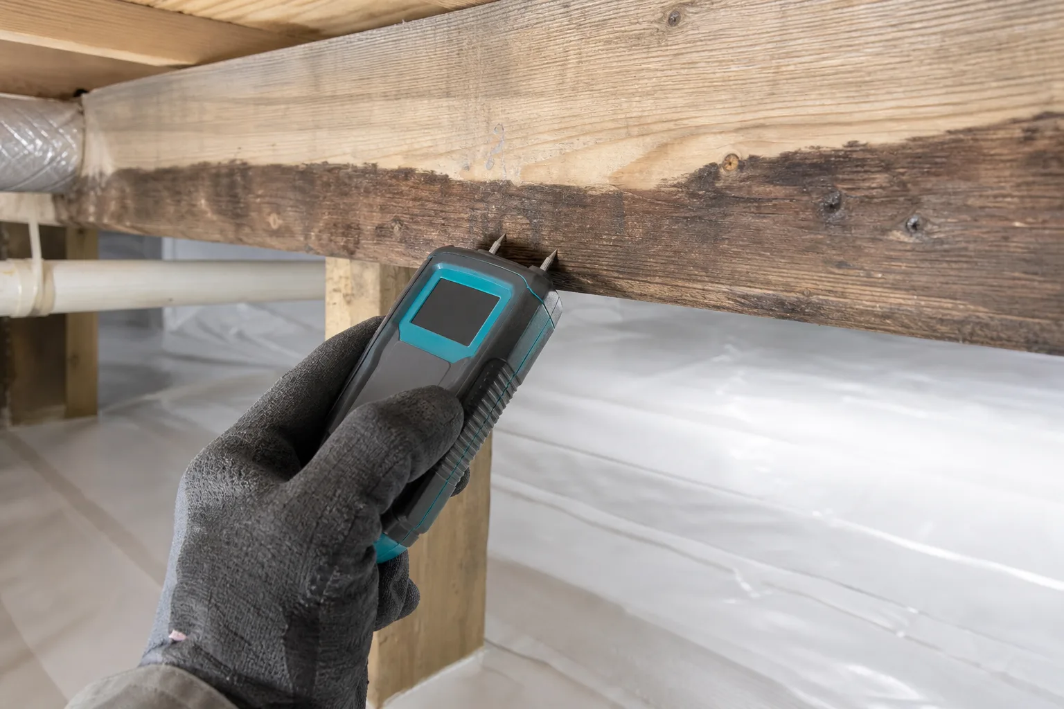 A gloved hand holding a moisture meter against a stained floor joist during a crawl space inspection