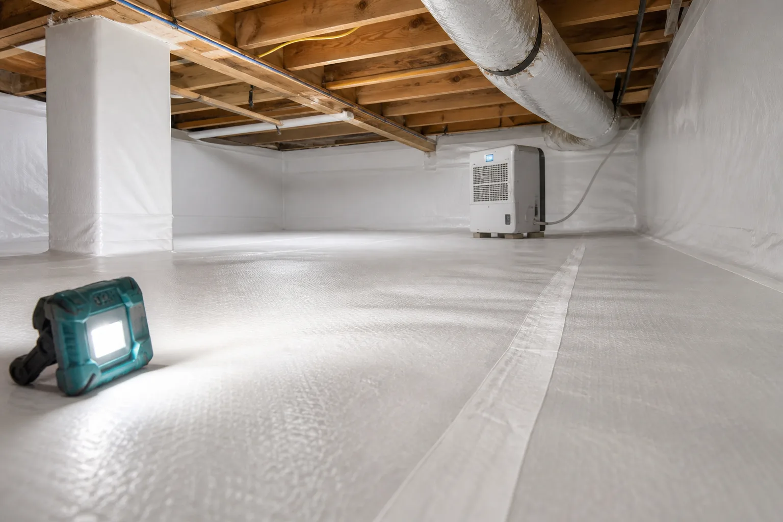 A low view along a taped and adhered seam in the white vapor barrier of a finished crawl space