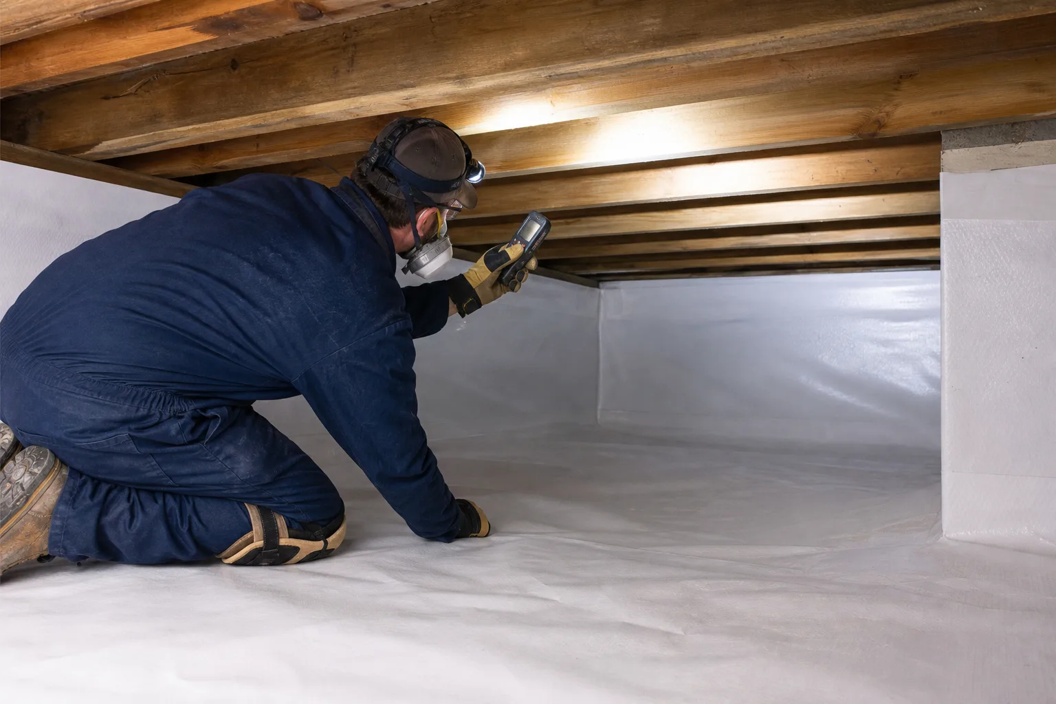 A technician in a respirator and headlamp kneeling on a vapor barrier to examine the underside of floor joists with a moisture meter
