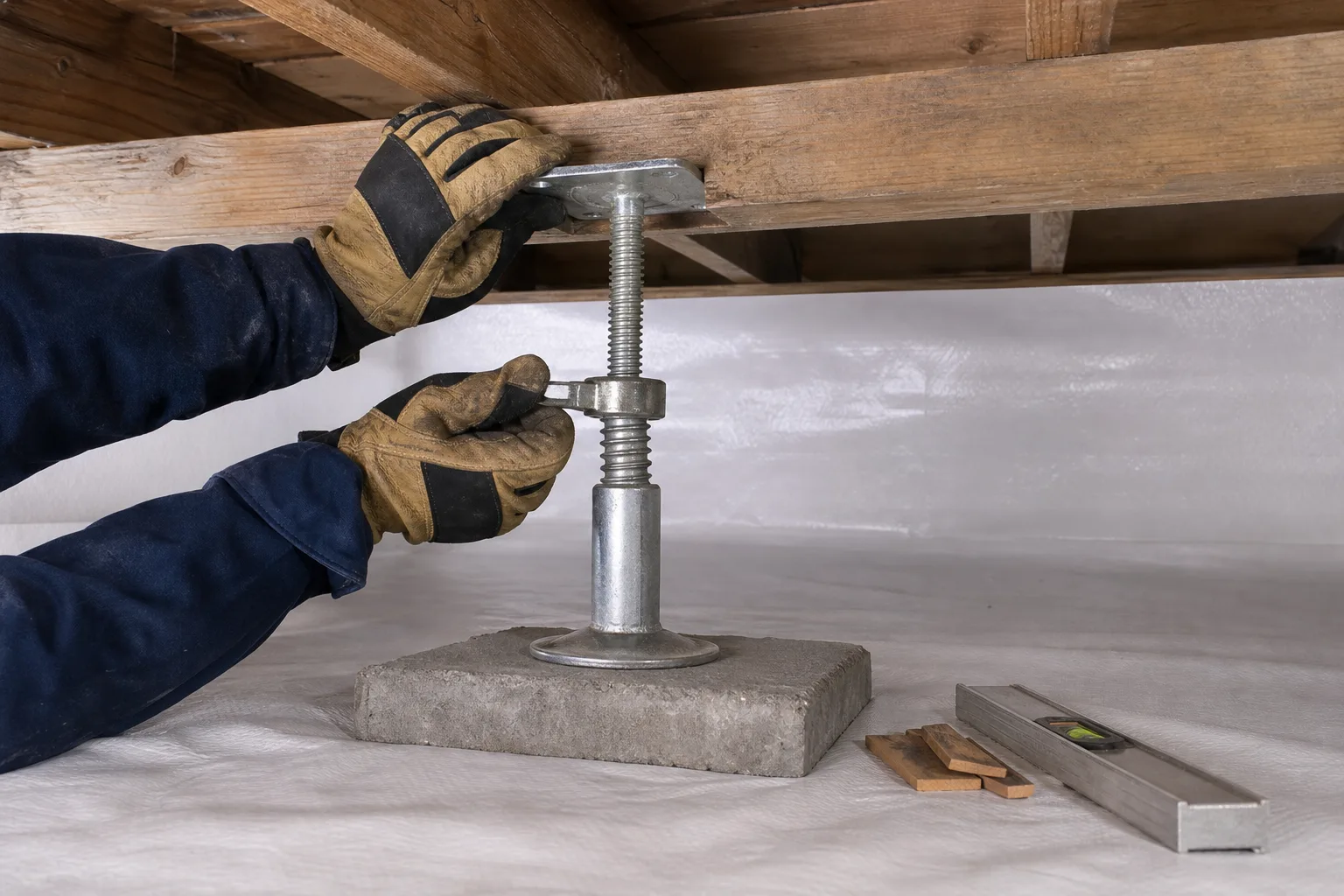 Gloved hands setting an adjustable steel support jack plumb under a wooden beam, with shims and a level on the vapor barrier