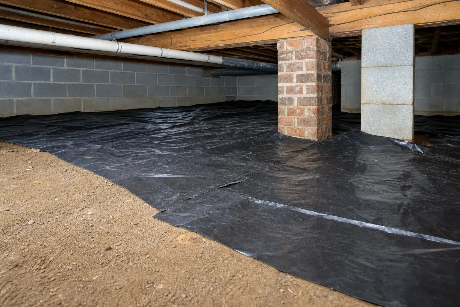 Loose black sheeting laid over bare soil with unsealed overlapped seams and exposed earth at the perimeter
